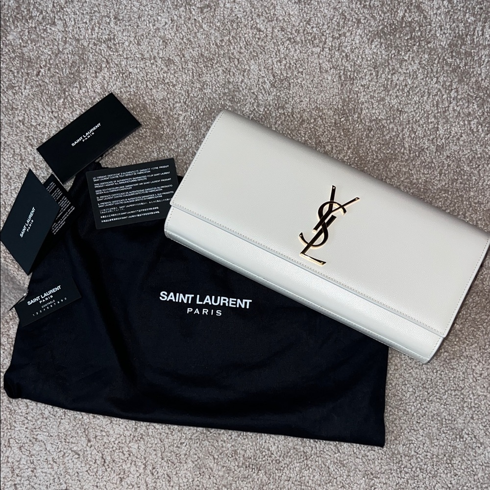 Saint Laurent Ivory Cassandre Clutch with Gold Logo